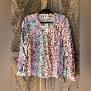 LOFT Size M Striped Pastels Floral Patterned Long Sleeve Button Blouse Top NWT